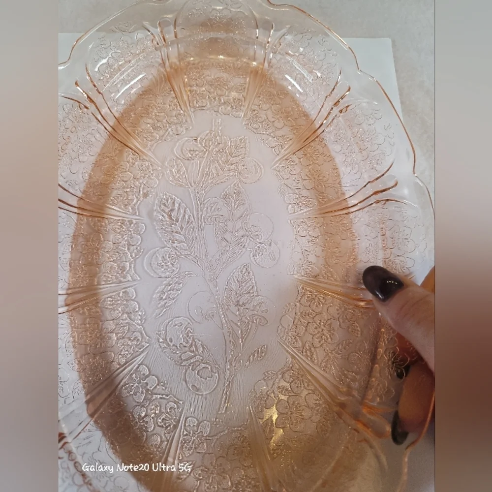 0779. Vintage Jeanette Glass Platter ~ Pink Cherry Blossom ~ Depression Glass ~